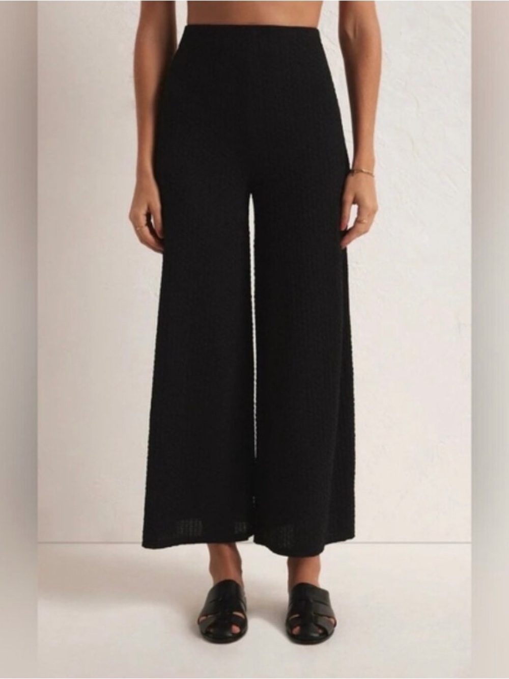 Z Supply Pants Billie Wide Leg Cropped Black Gauze Elastic Waist Pull On Sz M